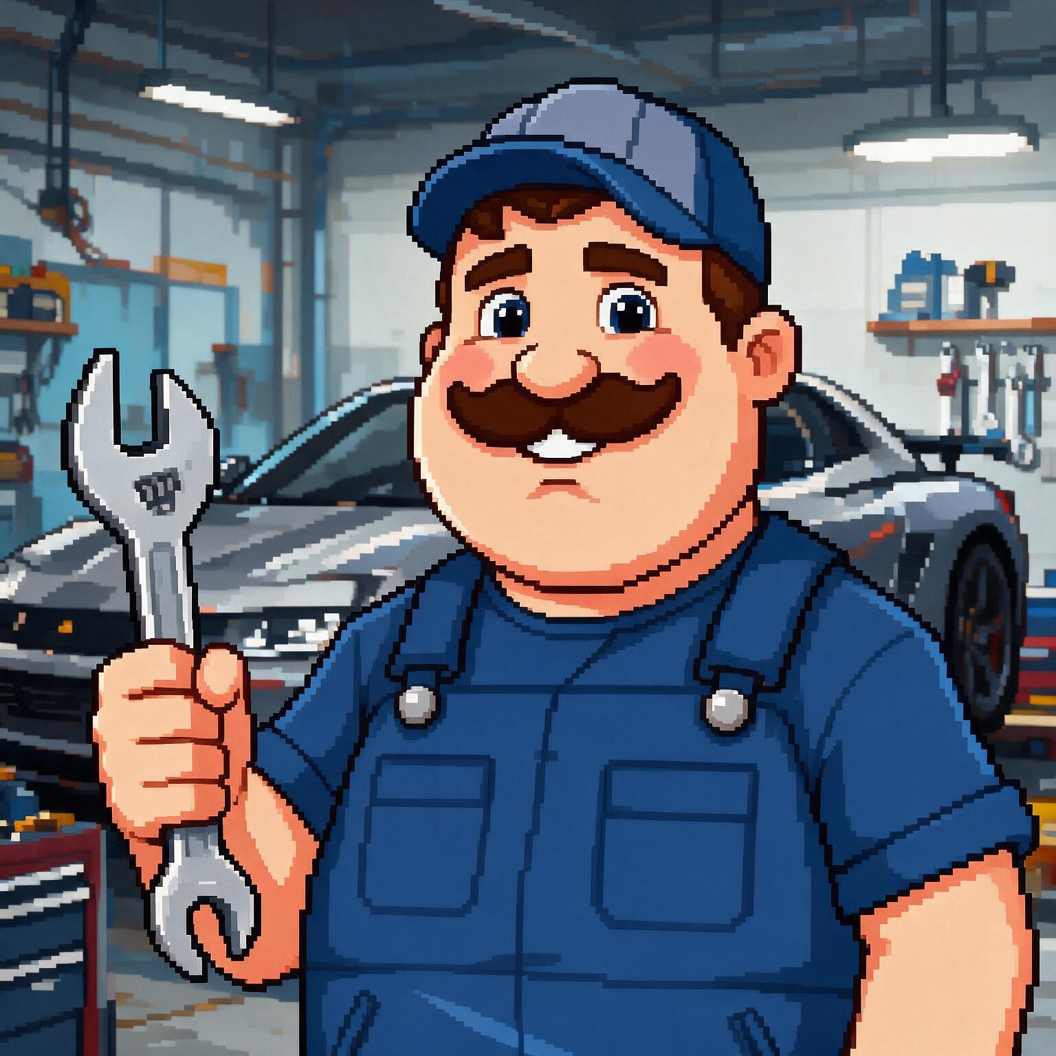 Pixel art chubby mechanic with blue overalls and cap