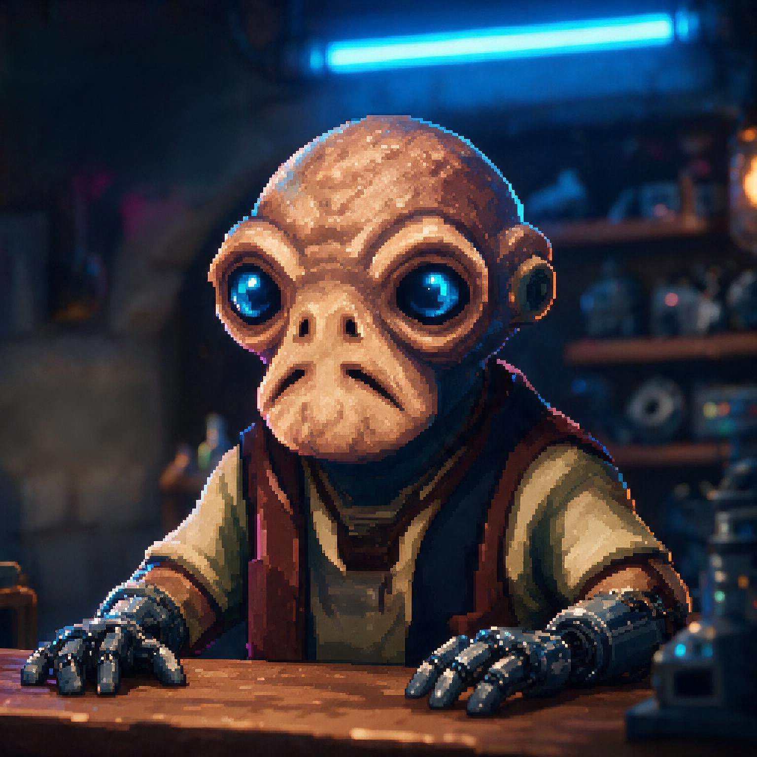 Grubba, alien scrap dealer pixel art in his workshop