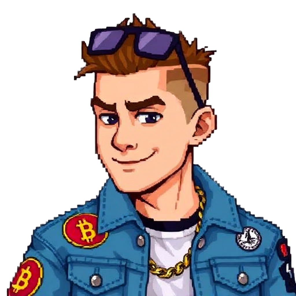 Pixel art millennial investor wearing a patched denim jacket