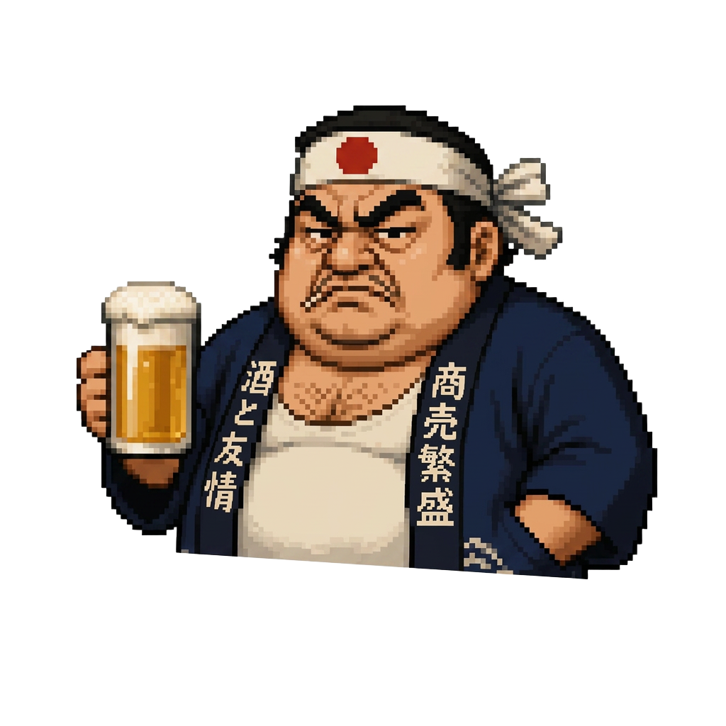 Sasuka, the pixel art bartender, with his beer mug