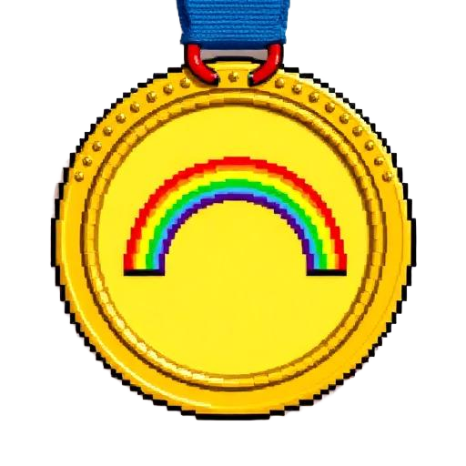 Medalla dorada pixel art con un arcoíris