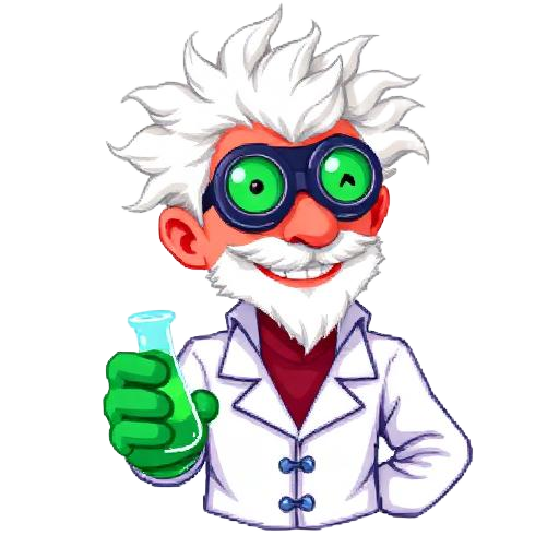 Dr. Quark, pixel art scientist with green goggles and a bubbling flask