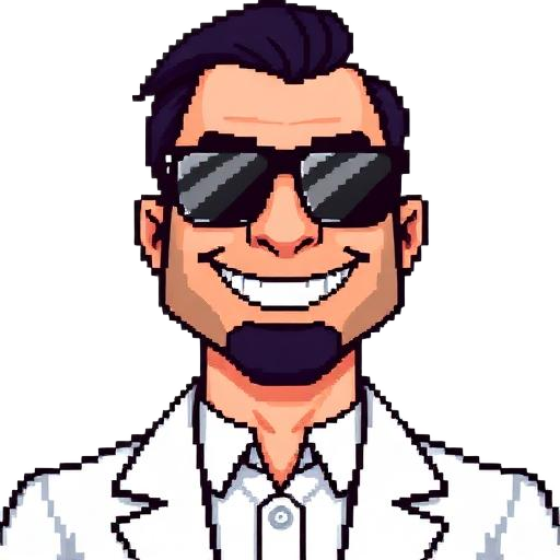 Pixel art car salesman with sunglasses and a white jacket